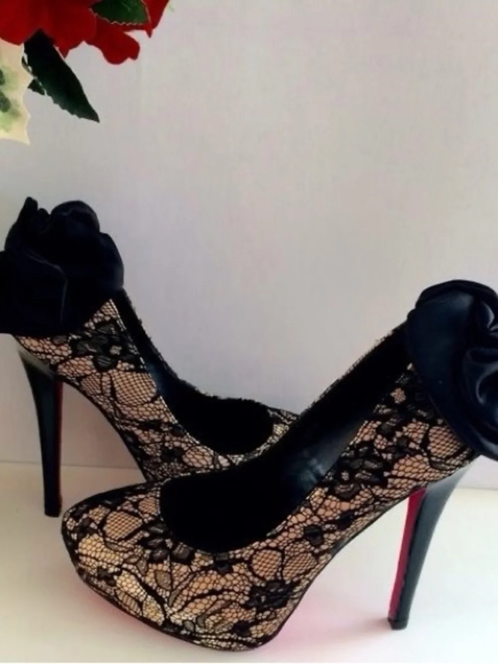 Shoe Dazzle Blanka Black Lace-Pump with Satin Rosette + signature pink bottom